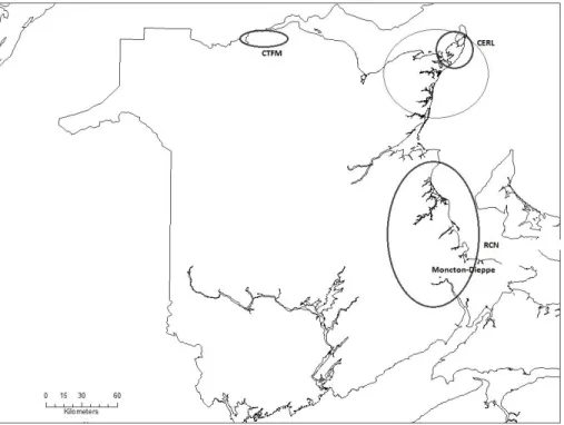 Figure 2 : Localisation des trois coopératives au Nouveau-Brunswick  