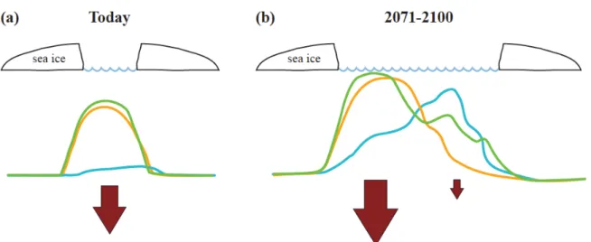 Figure 4. Modèle conceptuel des conditions (a) actuelles et (b) futures de la couverture de la  glace de mer, de la production primaire (courbe verte), du broutage exercé par les copépodes  (courbe orange) et le protozooplancton (courbe bleue) ainsi que l'