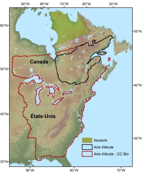 Figure 1.6 Représentation cartographique des zones d’étude du doctorat. Le Nunavik  (en vert) est l’aire d’étude utilisée au chapitre II sur la cogestion adaptative des aires  protégées dans le contexte des changements climatiques