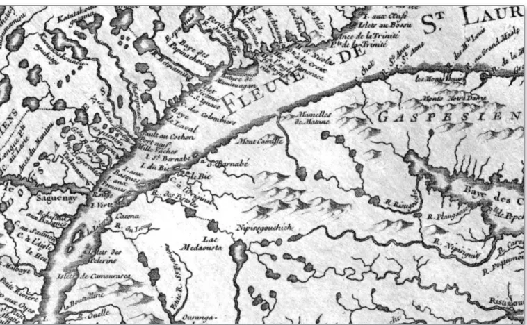 Figure 2. Jacques-Nicolas Bellin,  Carte de la partie orientale de la Nouvelle France ou du Canada, 1744,  BNF, département Cartes et plans, GE D-13373