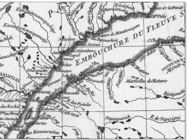 Figure 3. Extrait de : Jean-Baptiste Bourgignon d’Anville,  Canada, Louisiane et terres Angloises, Paris, l’auteur, 1755, 