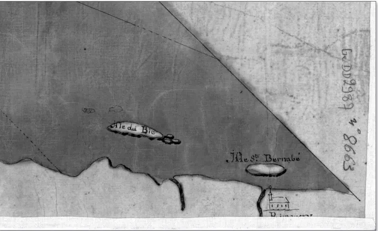 Figure 4. Extrait de la  Carte générale des paroisses et missions établies des deux côtés du fleuve St Laurent depuis Rimousky en montant jusqu'au Côteau des Cèdres, [s.d