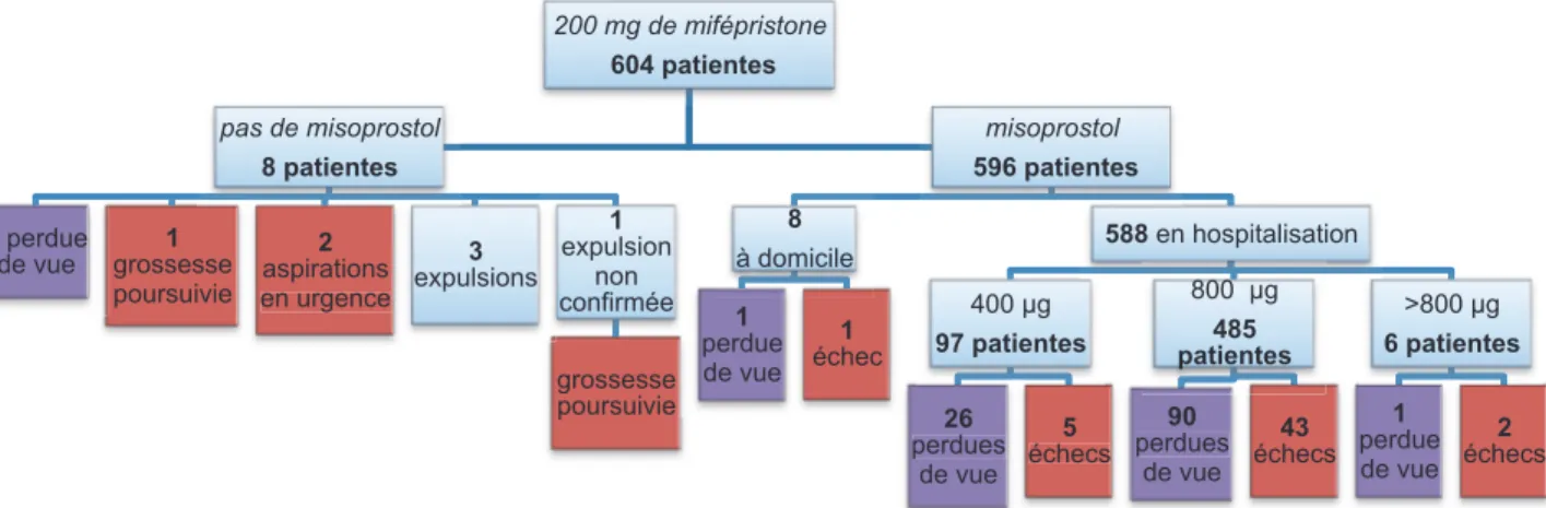 Figure  4 :  Déroulement  du  protocole  d’IVG  médicamenteuse  et  devenir  des  patientes