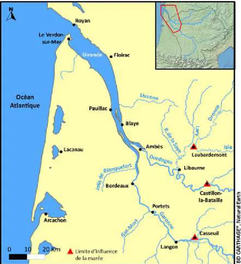 Figure 9 : Carte de l’estuaire de la Gironde   Source : BD Carthage, Natural Earth 