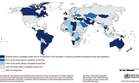 Figure  7.  Carte  représentant  les  pays  ayant  adopté  des  lois  pour  la  préservation  d'espaces non-fumeur (Source : Organisation Mondiale de la Santé) 