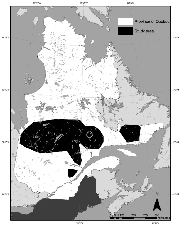 Figure S1 Map of the study area, delineated using 100% minimum convex polygons of the  five main caribou herds monitored between 2004-2013 (Basse Côte-Nord, Charlevoix,  Côte-Nord, Saguenay-Lac-St-Jean and Jamésie).