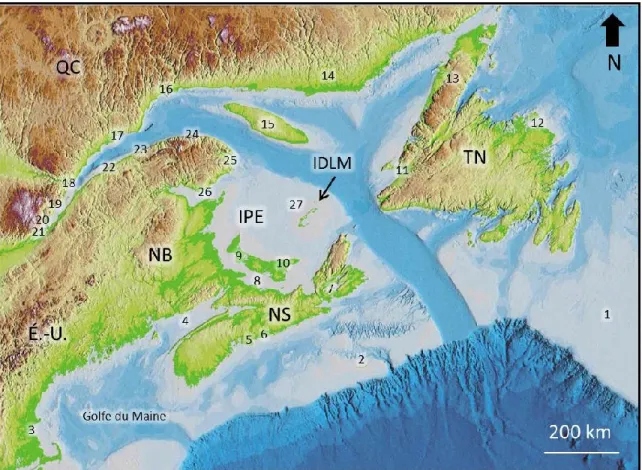Figure  3.  Localisation  approximative  des  principales  villes  ou  régions  abordées  dans  la  section  Le  niveau  marin relatif dans le Canada atlantique