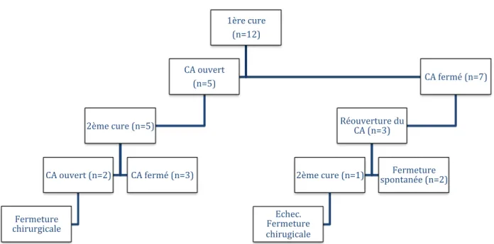 Figure 8. Résultat de chaque cure (n=14) et évolution secondaire.