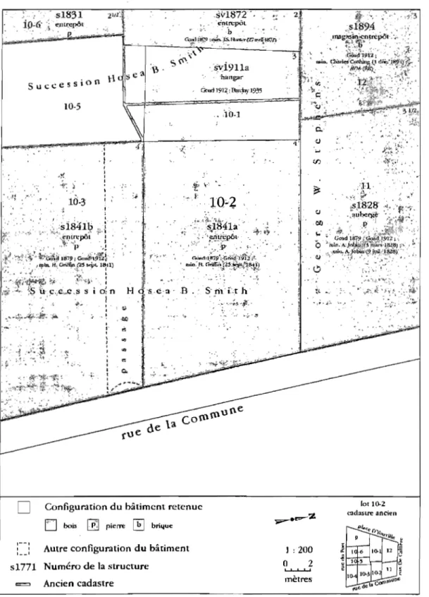 figure  12  :  Cadre  du  bâti  sur  le  lot  10-2,  vers  1910  (Stewart,  D'Amour et  Mongrain  2005b:  30) 