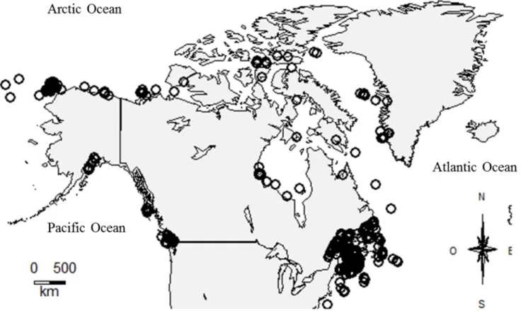 Figure 2.1  Map of the sampling location of each sequence used in this study.  
