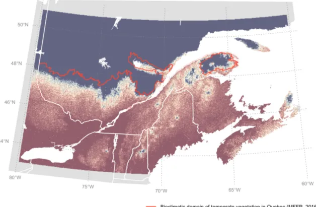 Figure S3: The STM predictions of the present extent of temperate forest (colour scale) is largely concordant with expert-drawn maps (provided by the forest ministry of Quebec;