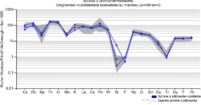 Figure 22 : Terres rares normalisées à la chondrite C1 pour le schiste à sillimanite + cordiérite