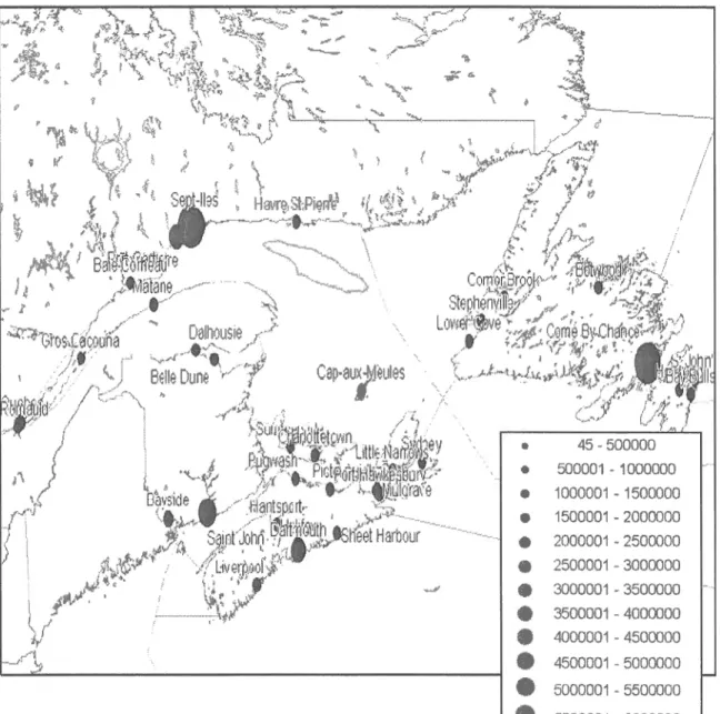 Figure  3:  Zones et volumes  totaux  de décharge  d'eaux  de  ballast  (en  millions  de  tonnes, MT)  sur la  côte  atlantique  canadienne  (selon  des  données  de  2005)  (tiré  de  Therriault  e/