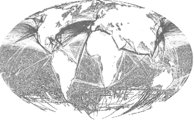 Figure 4:  Représentation  du transport  maritime  commercial  (excluant  tout  transport autre  que  de  marchandise)  à  l'échelle  mondiale,  pour  les  années  2004  et  2005