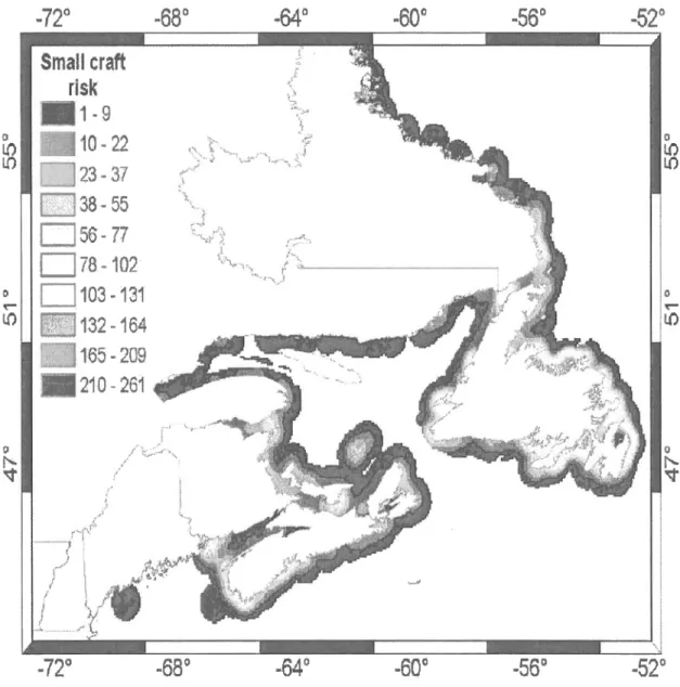 Figure  6:  Densité  des  petites  embarcations  sur  la  côte atlantique  canadienne  et I'estuaire du Saint-Laurent  en  2005