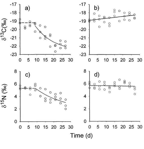 Figure  2.1  Changes  in  ô13C  and  ôr5N  in  Hyalella  aztecaamphipods  (species  B)  from Lake des Baies  (Bas-Saint-Laurent,  Quebec,  Canada)  during the turnover  rate experiment,  when  feeding  on  conditioned birch  leaves (a and  c)  and  on  per