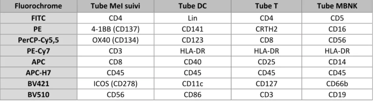 Tableau 2 - Mix d'anticorps utilisés pour les tubes DC, T, MBNK et Mel suivi 