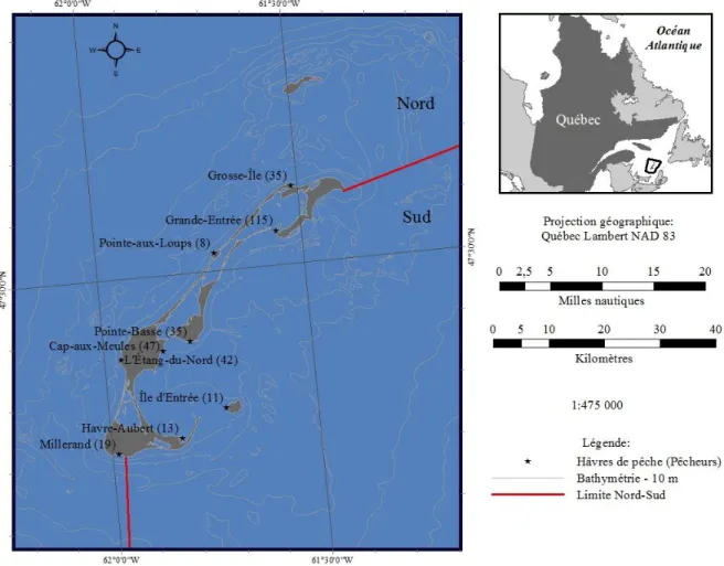 Figure 1 : Carte des îles de la Madeleine avec identification des ports ainsi que du nombre  de  homardiers  par  ports  en  2012  (Huguette  Bourque  et  Marie-Pier  Richard,  MPO,  communication personnelle) 