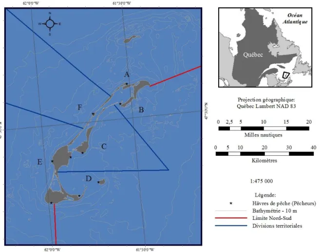 Figure 2 : Carte des îles de la Madeleine présentant les différentes zones de production de  A à F provenant de Archambault (1997) 