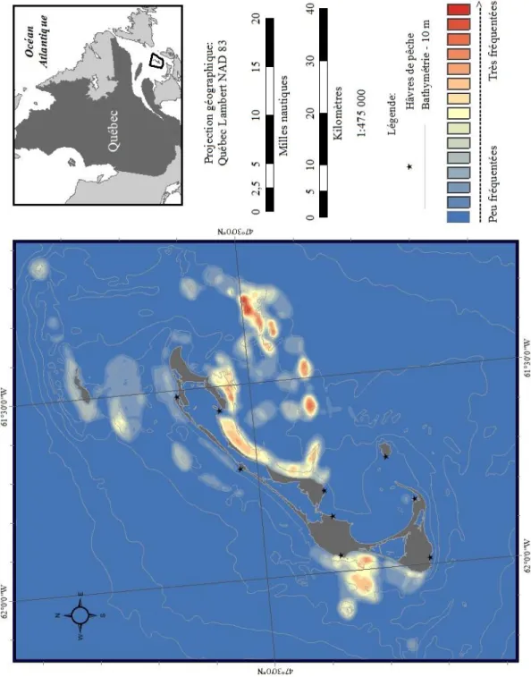Figure 10 : Représentation des zones de pêche au homard (Homarus americanus) de 26  pêcheurs rencontrés en 1995
