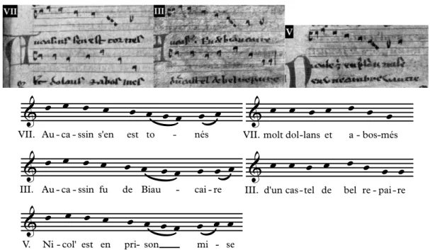 Figure 6. Aucassin et Nicolette, premiers vers des sections  VII  (gauche, fol. 72),  III  (centre, fol