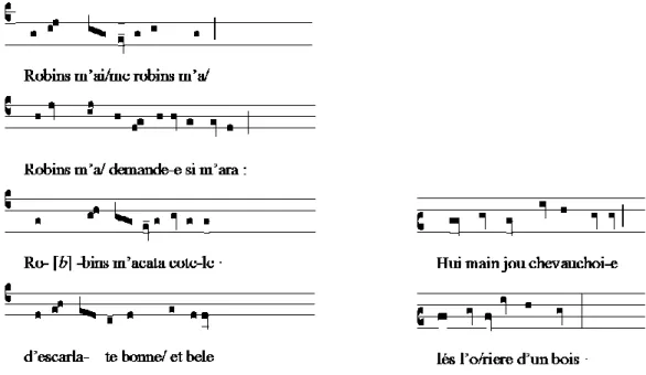 Figure 7. Li Gieus de Robin et de Marion, vv. 1-4 (colonne de gauche, fol. 39r) et 97-98 (colonne de  droite, fol