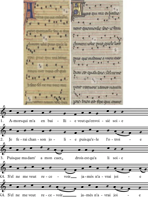 Figure 9. « Amors qui m’a en baillie », vv. 1-4 (mss X, fol. 238v (gauche) et K, p. 365 (droite))