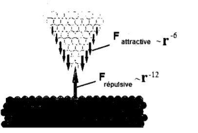 Fig. 1-17  Illustration des régimes attractifs et répulsifs existants entre la pointe AFM et une  surface