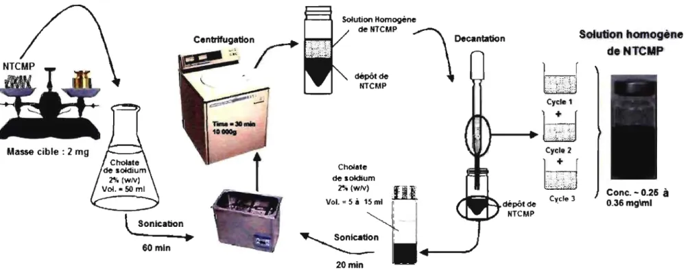 Fig. 2-1  Sorrunaire de  la méthode de préparation des  solutions de  nanotubes de carbone