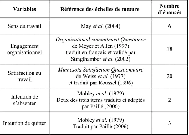 Tableau 6 : Échelles de mesure et nombre d’énoncés 