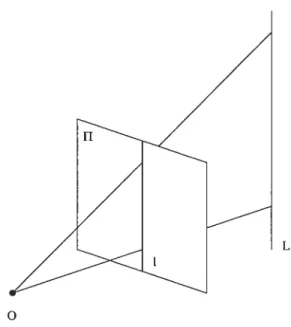 Figure 5.1. Projection d’une droite 3D L sur le plan image fi vers la droite t.