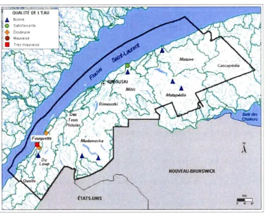 Figure  1 : Qualité des  riv ières de l' eau du Bas-Saint-Laurent en 2002  Source:  Portrait régional de  l 'eau Bas-Saint-Laurent,  2002