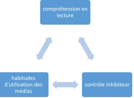 Figure 2. Interrelation entre la compréhension en lecture, le contrôle inhibiteur et les  habitudes d’utilisation des médias