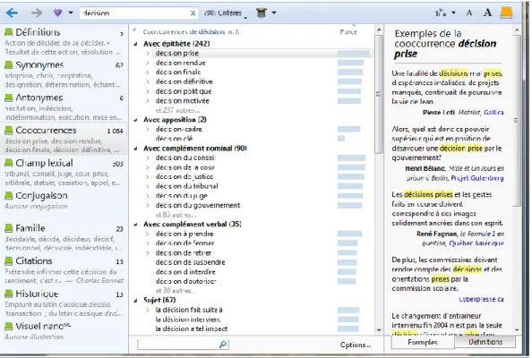 Figure 7 : Dictionnaire des cooccurrences d’Antidote : décision 