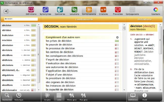 Figure 10 : Dictionnaire des combinaisons de Robert Correcteur : la suite : décision 