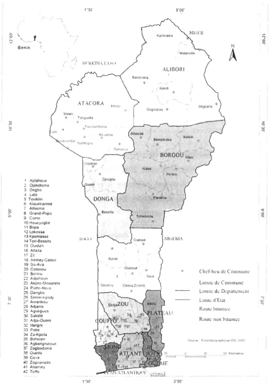Figure  1 : Carte administrative du Bénin  Source: Fond topographique IGN  1992. 