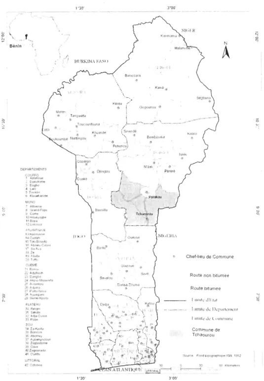 Figure 2 : Localisation de la commune de Tchaourou dans le Bénin  Source: Fond topographique IGN,  1992, 