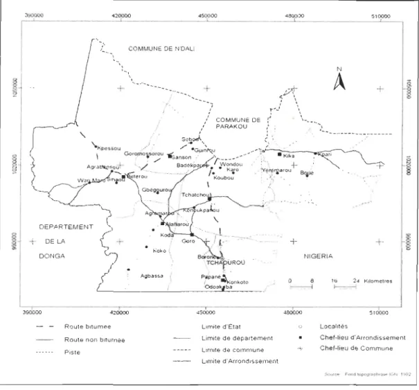 Figure 3 : Carte de la situation géographique de la commune de Tchaourou  Source: Fond topographique IGN,  1992