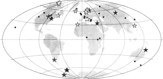 Figure  2  :  Carte  illustrant  le  manque  de  données  aux  latitudes supérieures  à  60 0 N  dans  le  dernier  modèle  géomagnétique  CALS3k.4  (Korte  et  aL,  2011)