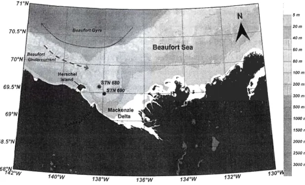 Figure 4  : Localisation de  la carotte 690  (vert) et 680  (rouge) dans  la  fosse  du  Mackenzie,  mer de Beaufort