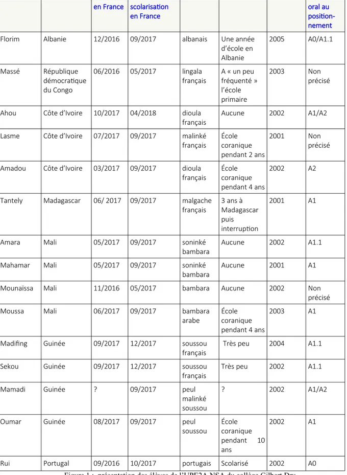 Figure 1 :  présentation des élèves de l’UPE2A NSA du collège Gilbert Dru