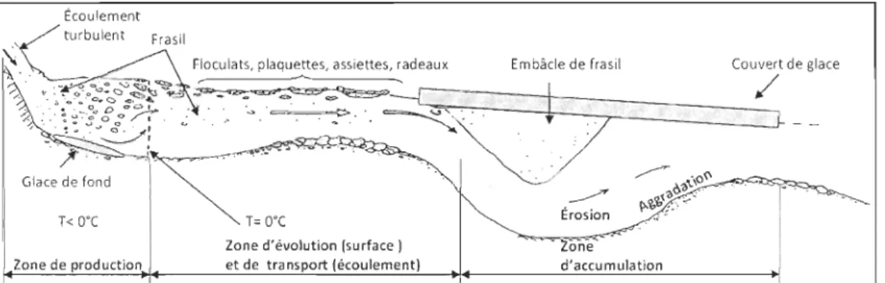 Figure  l.7  Schéma représentant  les  interactions  entre  les  formes  du  lit  et  la  dynamique  du  frasil  (adapté de Allard, 2010)