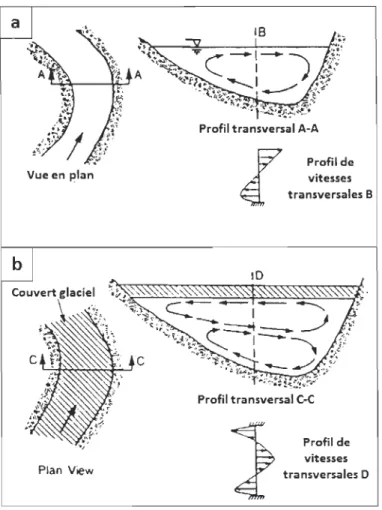 Figure  1.8  Schéma  illustrant  la  variation  des  conditi ons  hydra uliques  à  l'intérieur  d'un  méandre: (a) Ce ll ule de c irculation latérale unique dont  les  vitesses de surface sont dirigées  vers  la  berge  concave;  (b)  Double-cellul e  de 