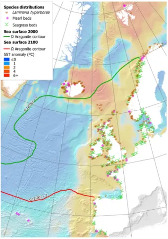 Figure 1. Present distribution of habitat-forming species in the northeast Atlantic, and an estimate of environmental change by 2100