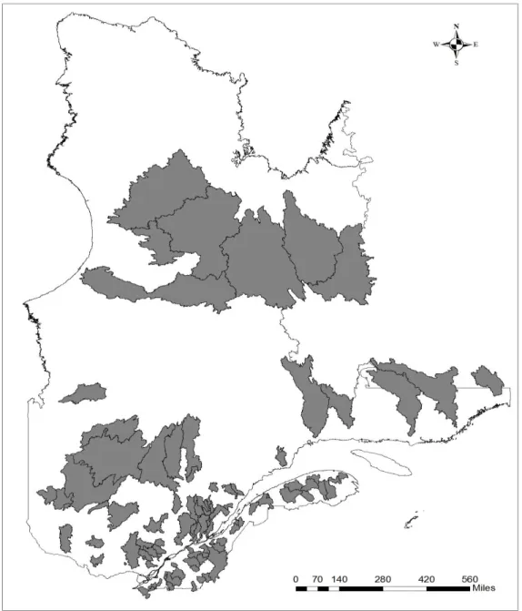 Figure 3-1 : Carte de localisation des bassins versants étudiés dans la province du Québec   (Réalisé avec ArcGis) 