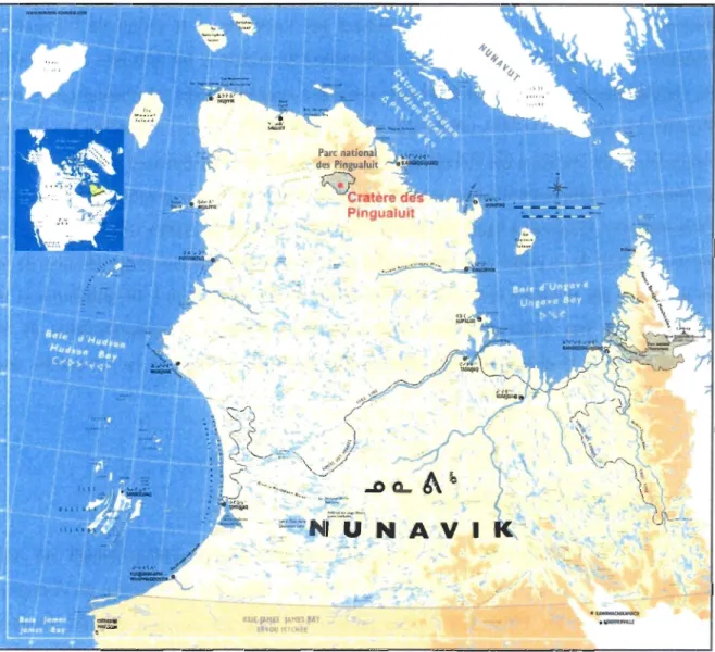 Figure 2.  Localisation du cratère des  Pingualuit (Adapté de nunavik-tourism.com). 