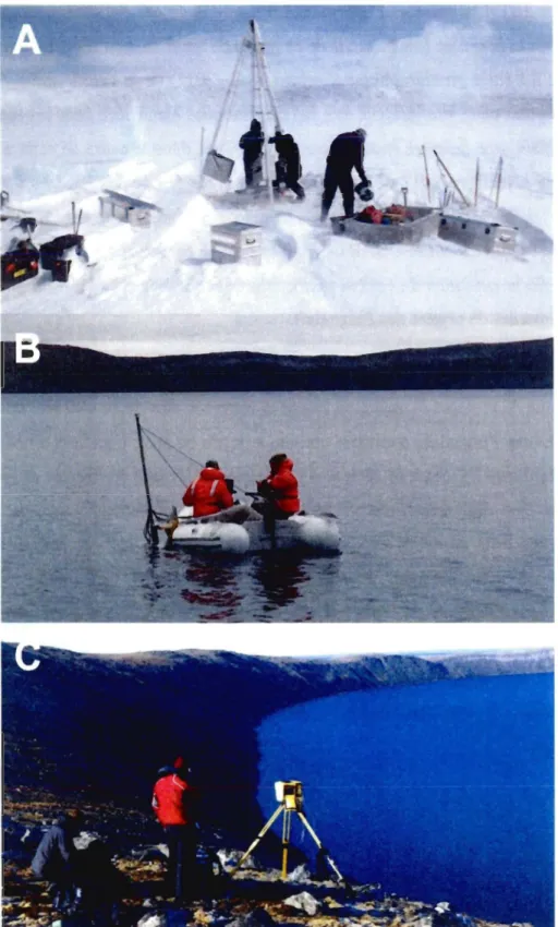 Figure  3. Photographies  des trois  expéditions  conduites  au cratère en  2007  (A),  2010 (B)  el  2012  (C);  crédit  photo: Richard  Niederreiter, Grégoire Ledoux et Pierre-Arnaud Desiage