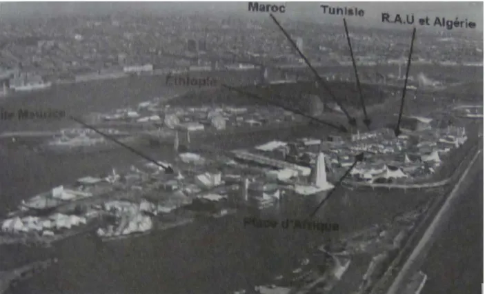 Fig. 9. Vue aérienne de l’Expo 67 et emplacement des pavillons africains 43