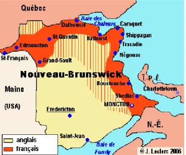 Figure 5: Répartition des langues officielles au Nouveau-Brunswick (Source: L'aménagement linguistique dans le monde) 