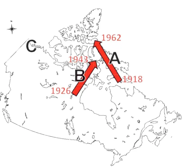 Figure 0.1  L 'expansion  nordique du  renard  roux dans  l' Arctique canadien (flèches et  années)
